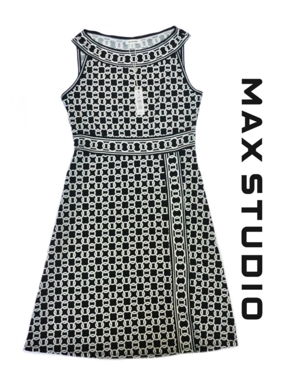 Max Studio Sleeveless Dress, Wrap Style Black/White Chain Link Print, XS/2-4 NWT
